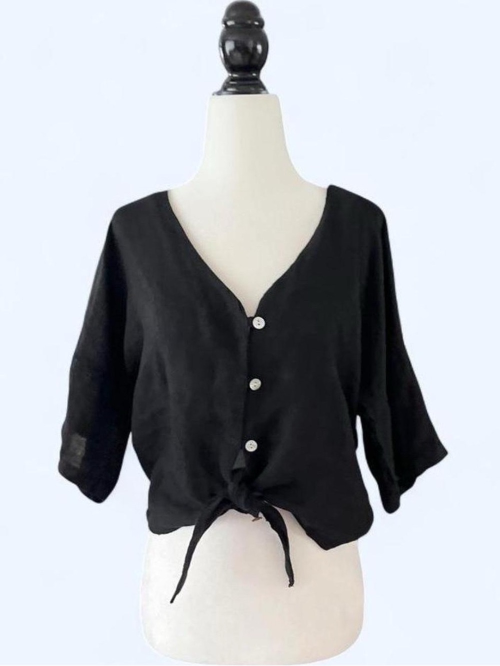 Coastal Linen Black V-Neck Tie Front Cropped Shirt Size Small Resortwear Boho